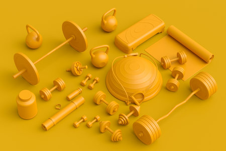 Isometric view of sport equipment like yoga mat, kettlebell, fitness ball and smart watches on monochrome background. 3d render of power lifting and fitness conceptの写真素材