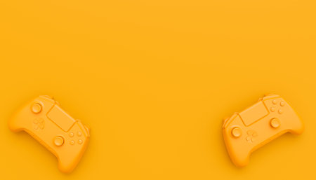 Video game joysticks or gamepads in plain monochrome yellow color background with copy space. 3D render of streaming gear for cloud gaming and gamer workspace conceptの写真素材