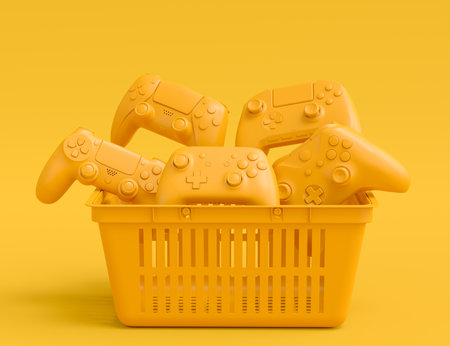 Set of flying gamer joysticks or gamepads in plastic basket on monochrome background. 3d render concept of sale, discount, shopping and delivery of accessories for live streaming concept top viewの写真素材
