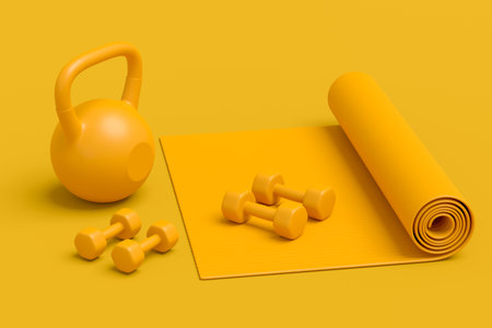 Isometric view of sport equipment like yoga mat, kettlebell, fitness ball and smart watches on monochrome background. 3d render of power lifting and fitness conceptの写真素材