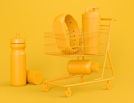 Sport equipment for fitness, gym in shopping cart on monochromeの写真素材