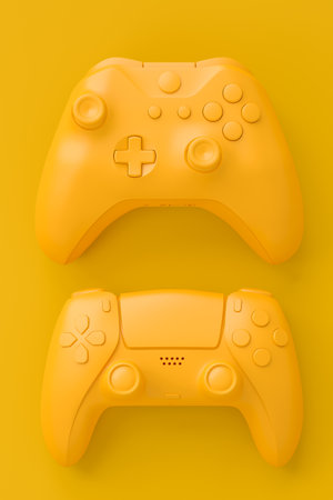 Set of lying gamer joysticks or gamepads on monochrome background. 3d render of accessories for live...
