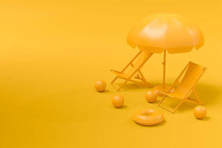 Colorful beach rings, chair, umbrellas and luggage on monochrome background. 3D render of summer vacation concept and holidaysの写真素材