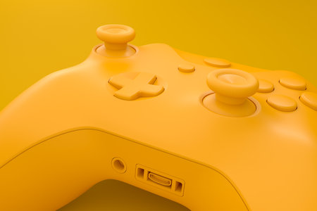 Set of lying gamer joysticks or gamepads on monochrome background. 3d render of accessories for live streaming concept top viewの写真素材