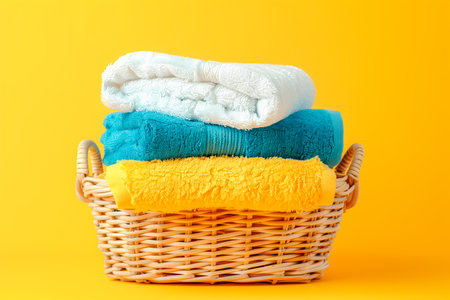 Stack of clean towels in laundry wicker basket on yellow background. The towels are stacked neatly, showcasing their soft and fluffy textures.の素材