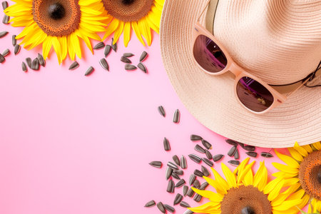 Sunflower seeds, hat and sunglasses on pink background. Top view and summer vibe, border frame with copy space.の素材