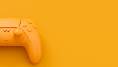 Video game joystick or gamepad in plain monochrome yellow color background with copy space. 3D...