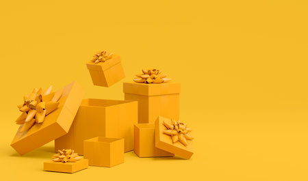 Gift boxes with ribbon and bow flying and falling on monochrome background. 3d render concept of greeting design Birthday, Merry Christmas, Black friday, New Yearの写真素材
