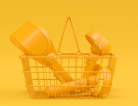 Virtual reality glasses and controllers for online and cloud gaming in basket on monochrome background. 3D render concept of shopping and delivery of device for virtual design and gaming in VRの写真素材