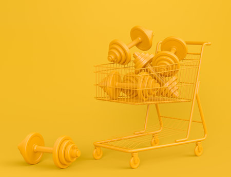 Sport equipment like dumbbell for fitness in shopping cart on monochrome background. 3d render of power lifting and fitness conceptの写真素材