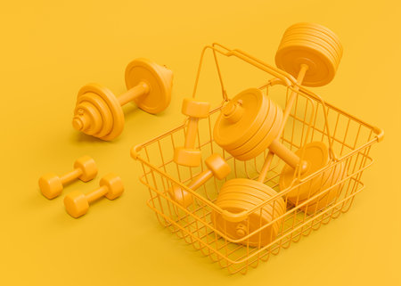 Sport equipment for fitness, gym in shopping basket on monochrome background. 3d render of power lifting and fitness conceptの写真素材