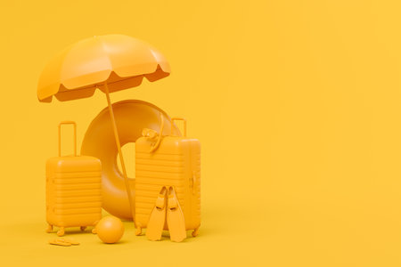 Colorful beach rings, chair, umbrellas and luggage on monochrome background. 3D render of summer vacation concept and holidaysの写真素材