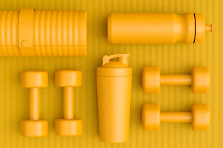 Isometric view of sport equipment like yoga mat, kettlebell, fitness ball and smart watches on monochrome background. 3d render of power lifting and fitness conceptの写真素材