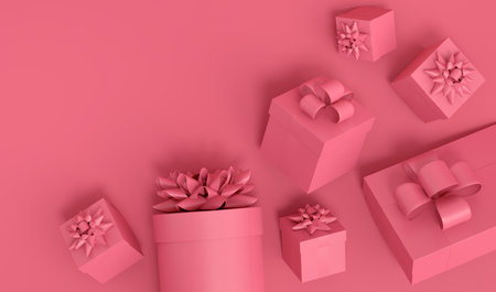 Gift boxes with ribbon and bow flying and falling on monochrome background. 3d render concept of greeting design Birthday, Merry Christmas, Black friday, New Yearの写真素材