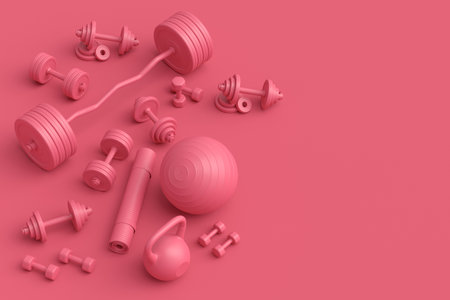 Isometric view of sport equipment like yoga mat, kettlebell, fitness ball and smart watches on monochrome background. 3d render of power lifting and fitness conceptの写真素材