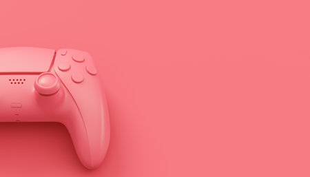 Video game joystick or gamepad in plain monochrome pink color background with copy space. 3D render of streaming gear for cloud gaming and gamer workspace conceptの写真素材