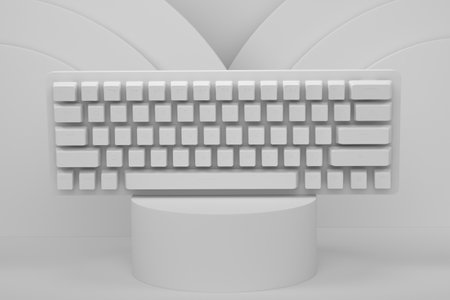 Realistic computer keyboard on cylinder podium with steps on monochrome background. 3d render of display product like streaming gear for cloud gaming and gamer workspace conceptの写真素材