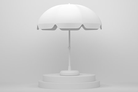 Beach umbrella for lounge zone on cylinder podium with steps on monochrome background. 3d render of display product like beach accessories and summertime conceptの写真素材