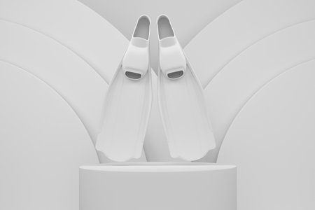 Diving flippers for snorkeling on cylinder podium with steps on monochrome background. 3d render of display product like beach accessories and summertime conceptの写真素材