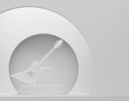 Electric acoustic guitar on cylinder podium with steps on monochrome background. 3d render of display product like musical instrumentsの写真素材