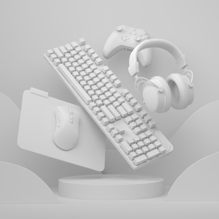 Set of video game joystick, keyboard, mouse and headphones on cylinder podium on monochrome background. 3d render of display product like streaming gear for cloud gaming and gamer workspaceの写真素材