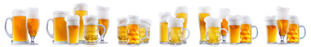 Set of beer cocktails with foam in different glasses and mugs isolated on white background.の写真素材