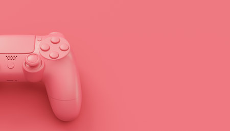 Video game joystick or gamepad in plain monochrome pink color background with copy space. 3D render of streaming gear for cloud gaming and gamer workspace conceptの写真素材