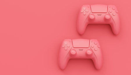 Video game joysticks or gamepads in plain monochrome pink color background with copy space. 3D render of streaming gear for cloud gaming and gamer workspace conceptの写真素材