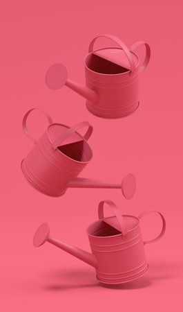 Set of watering cans on a monochrome background. 3d render concept of gardening equipment tools for farm and harvestingの写真素材