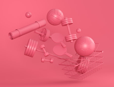 Sport equipment for fitness, gym in shopping basket on monochrome background. 3d render of power lifting and fitness conceptの写真素材