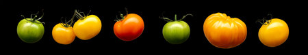 Set of tomatoes. oranges and apples isolated on black background with clipping pathの写真素材