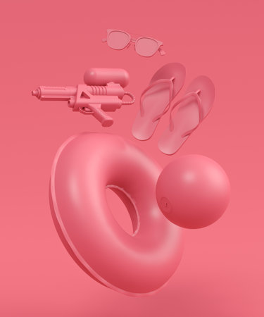 Colorful beach accessories on monochrome background. 3D render of summer vacation concept and holidaysの写真素材