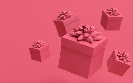 Gift boxes with ribbon and bow flying and falling on monochrome background. 3d render concept of...