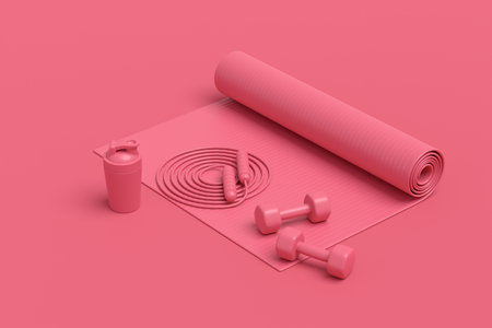 Isometric view of sport equipment like yoga mat, kettlebell, fitness ball and smart watches on monochrome background. 3d render of power lifting and fitness conceptの写真素材