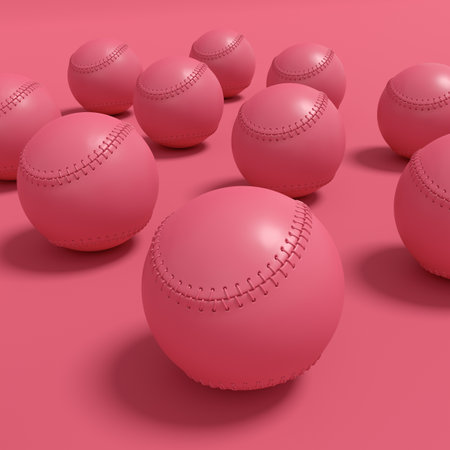 Set of softball or baseball ball lying in row on monochrome background. 3d render of sport accessories for team playing gamesの写真素材