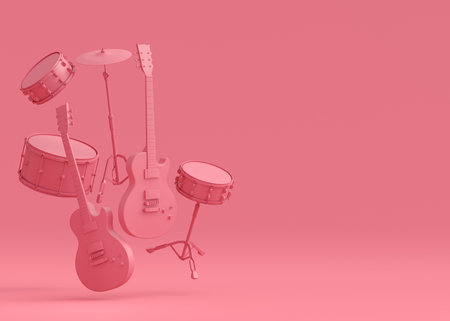 Set of electric acoustic guitars and drums with metal cymbals on monochrome background. 3d render of musical percussion instrument, drum machine and drumset with heavy metal guitar for rock festivalの写真素材