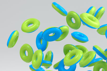 Many of flying inflatable ring for swimming pool isolated on white background. 3d render of summer vacation concept and holidaysの写真素材