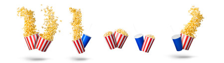 Paper striped bucket with popcorn and cup of soft drink isolated on white background, movie night concept or watching TV.の写真素材