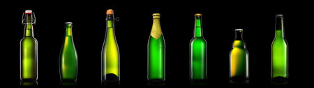 Set of bottle of beer or cider with clipping path isolated on black gradient backgroundの写真素材
