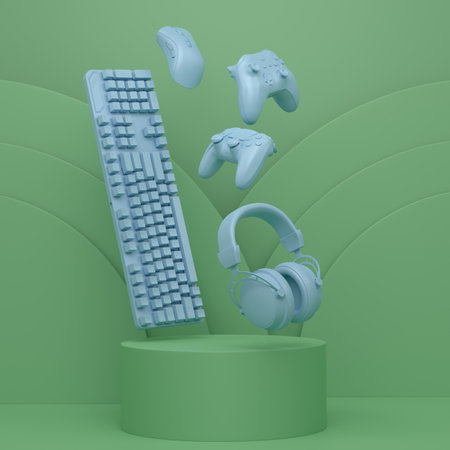 Set of video game joystick, keyboard, mouse and headphones on monochrome podiumの写真素材