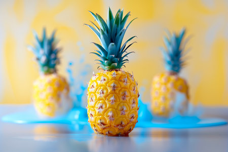 A yellow pineapple is lying on the table, with colorful smoke floating in front of it. The vibrant colors mist contrast with bold colors of background.の素材