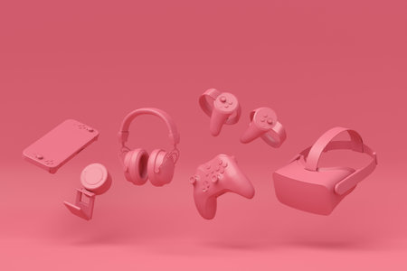 Flying gamer monochrome gears like mouse, keyboard, joystick, headset, VR headset, microphone on...