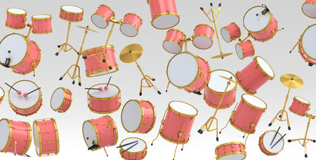Many of flying drums with metal cymbals on white background. 3d render concept of musical percussion...