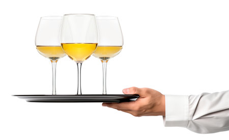 Waiter hand holding metal tray with set of white wine glasses isolated on white background.の素材