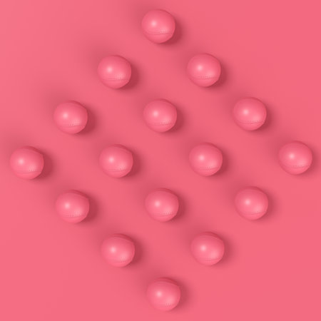 Set of softball or baseball ball lying in row on monochrome background. 3d render of sport accessories for team playing gamesの写真素材