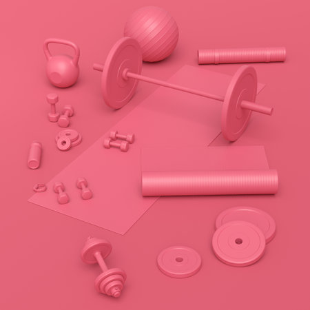 Isometric view of sport equipment like yoga mat, kettlebell, fitness ball and smart watches on monochrome background. 3d render of power lifting and fitness conceptの写真素材