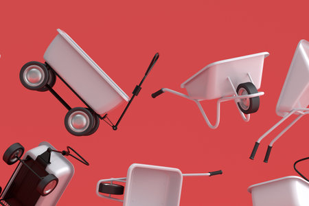 Many of flying garden wheelbarrows on red background. Handcart or cart with bags. 3d render of farm gardening tool for carriage of cargoes.の写真素材