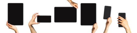Mockup of smartphone, tablets and women's hands, concept of mobile shopping, taking a photo and...