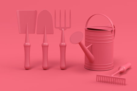 Watering can with garden tools like shovel, rake and fork on monochrome background. 3d render concept of horticulture and farming suppliesの写真素材