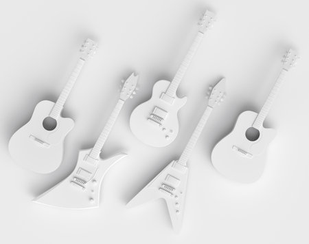 Set of electric acoustic guitars isolated on monochrome background. 3d render of concept for rock festival poster with heavy metal guitar for music shopの写真素材